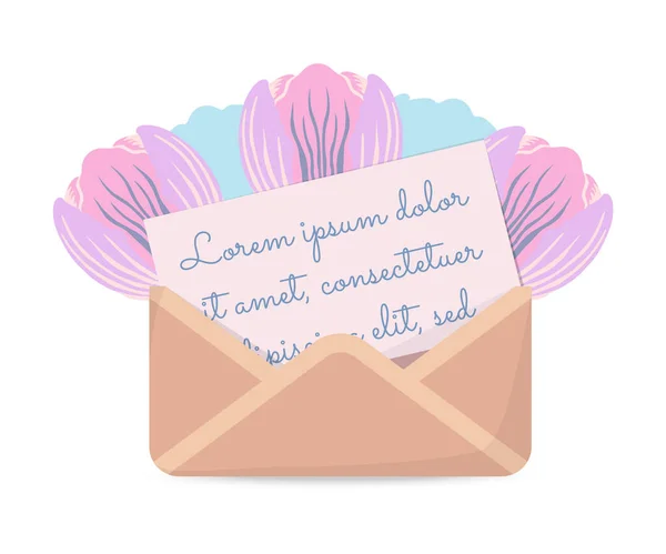 Enveloppe ouverte avec feuille de lettre et tulipes — Image vectorielle