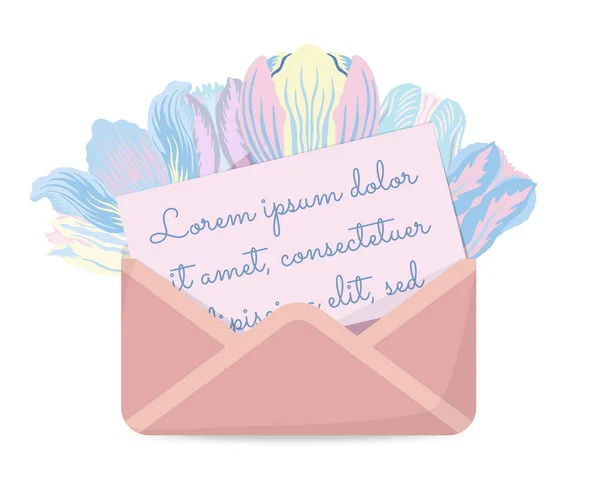 Enveloppe ouverte avec feuille de lettre et tulipes — Image vectorielle