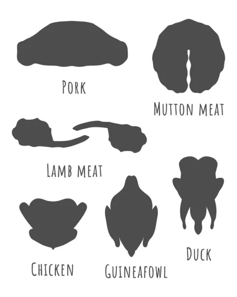 Dar gris aves de corral e iconos de carne cruda — Vector de stock