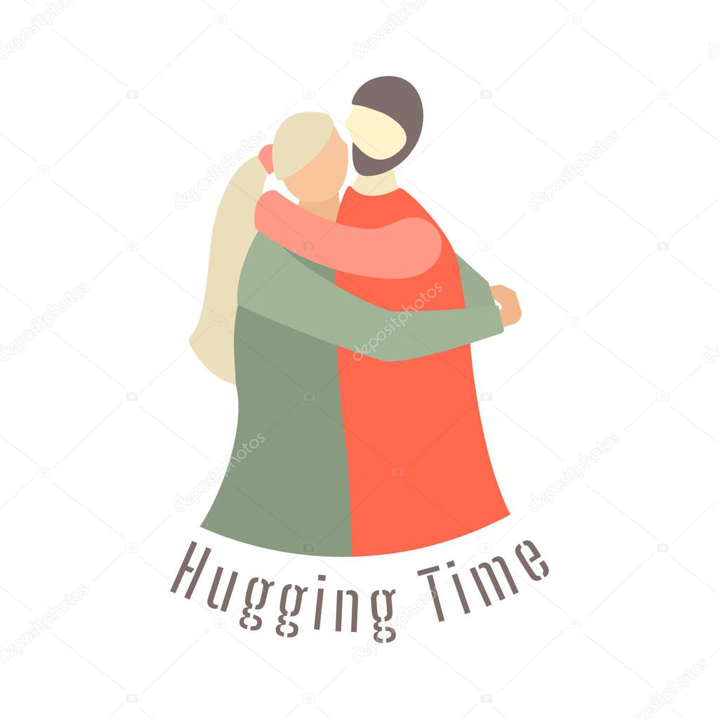 A Man and a women hugging each other. Flat vector illustration with inscription Hugging time under picture. Isolated on white background flat illustration.