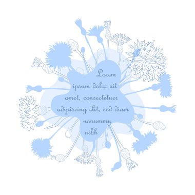 Merkezde Freeform 'un etrafına yerleştirilmiş el yapımı Cornflower Herb. Dopled Shapes and Contoure çizim olarak yapılmış Bekarlar Düğmesi. Amblem, Etiket, Ürün Tasarımı için Kompozisyon.