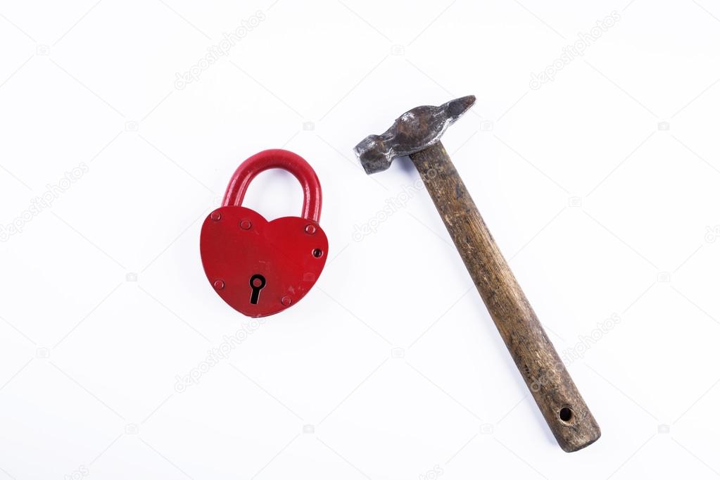 red heart valentine lock and hammer