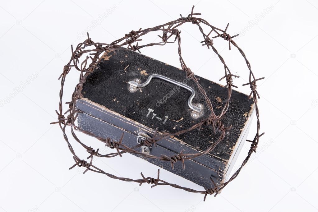 barbed wire and army box