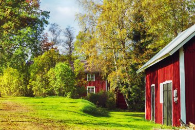 Ağaçlar ve yaprakları arasında görülen eski kırmızı çiftlik