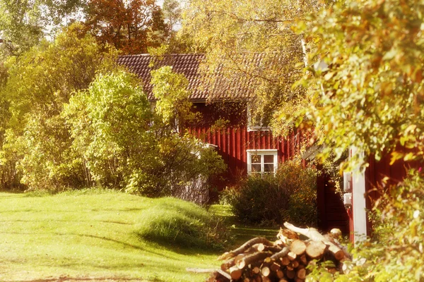 Ancienne ferme rouge vue entre arbres et feuilles — Photo