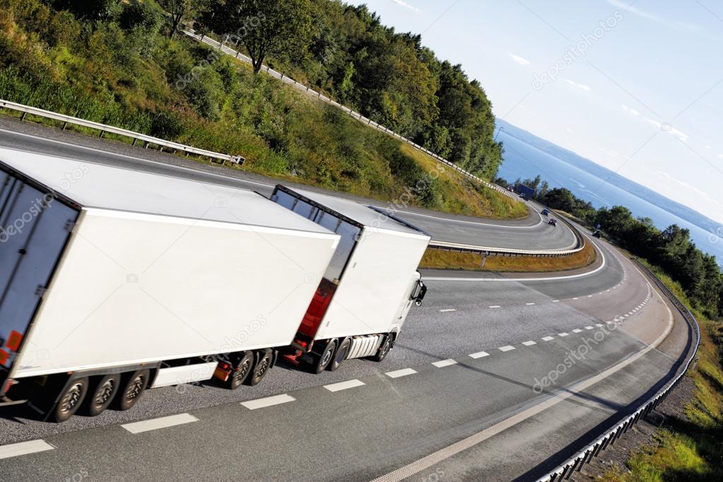 white truck driving on scenic highway