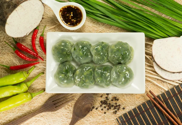 Steamed Dumpling stuffed with Garlic Chives and Taro and bamboo