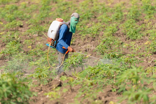 男人农民在 fi 喷洒除草剂或者化肥 — 图库照片