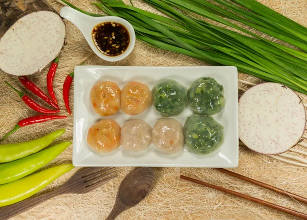 Steamed Dumpling stuffed with Garlic Chives and Taro and bamboo