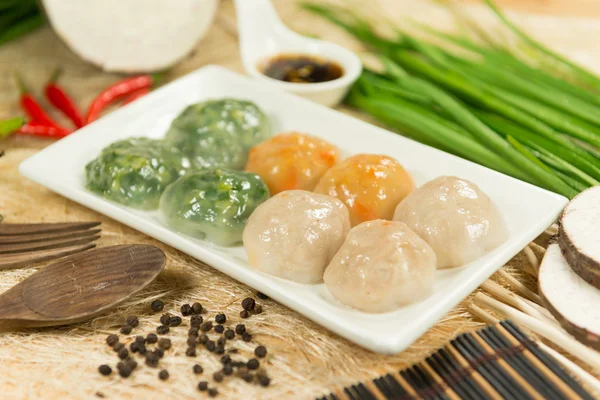 Steamed Dumpling stuffed with Garlic Chives and Taro and bamboo