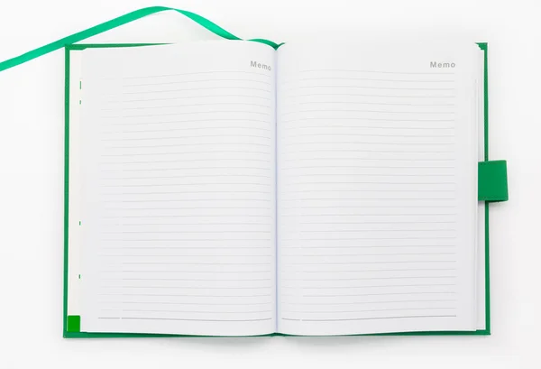 Página aberta de caderno verde — Fotografia de Stock