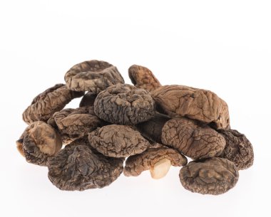 Beyaz arka planda kurutulmuş shiitake mantarı.