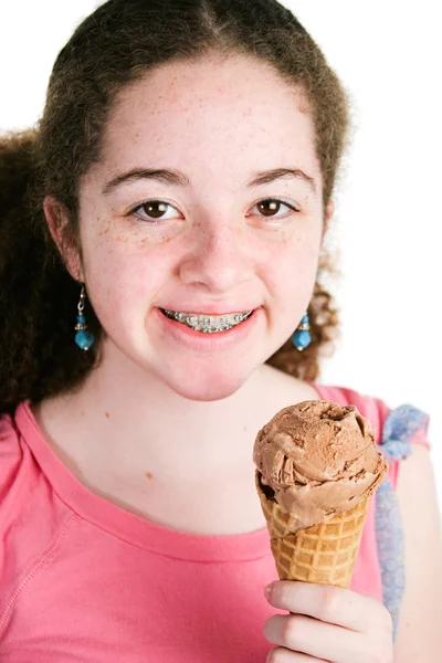 Girl with Braces Eating Ice Cream Stok Lukisan  