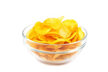 bir cam kabın içinde patates cipsi.