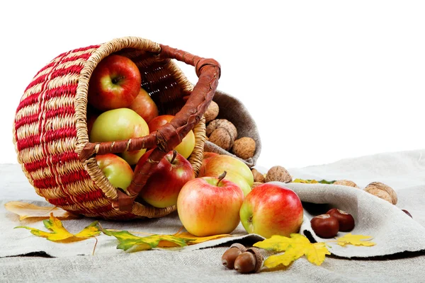 Äpfel im Korb und Walnüsse auf Leinwand. — Stockfoto