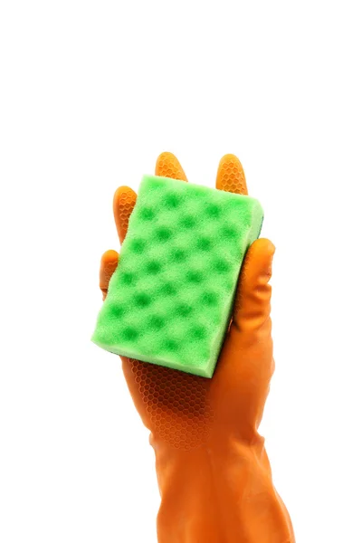 Hand in Gummihandschuh mit Hausschwamm. — Stockfoto