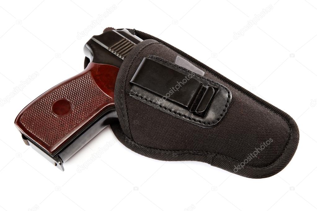 Gun in a holster on white background.