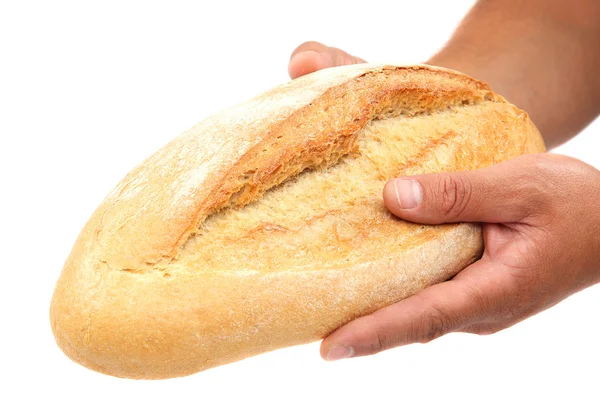 Хлеб в руках на белом фоне . — стоковое фото