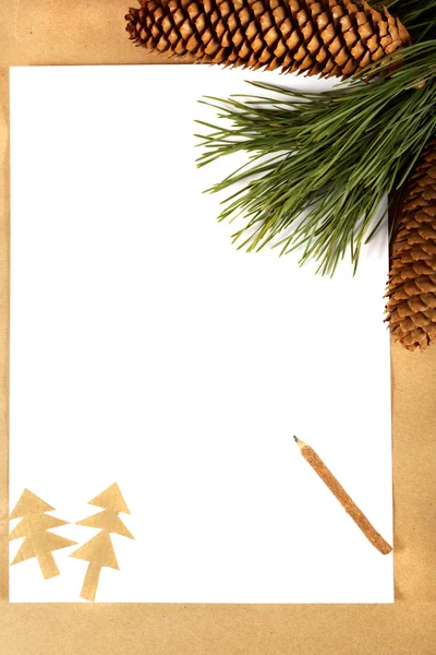 Pine gren med kottar, papper och penna. begreppet Grattis — Stockfoto