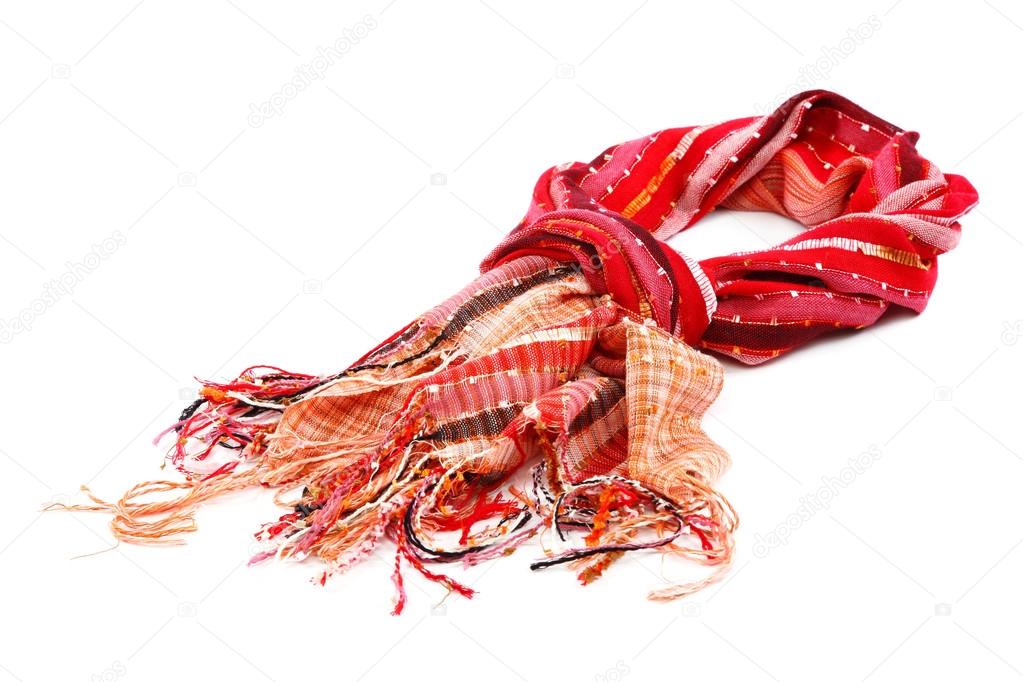 Red scarf with tassels, on white background.