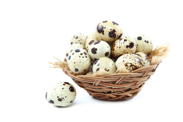 Kwartel eieren in een mand op witte achtergrond. — Stockfoto
