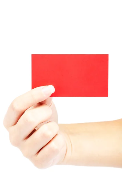 Female hand with red card on white background. — Stock Photo, Image