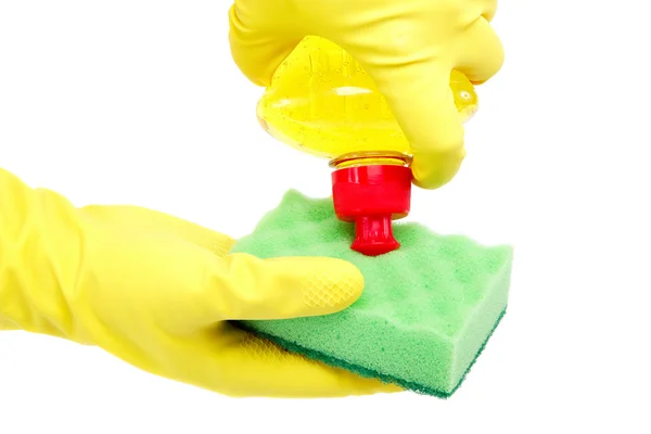 Cleaning in hands with gloves on white background. — Stock Photo, Image