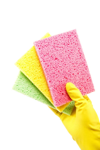 Sponge in hand with a rubber glove. — Stock Photo, Image