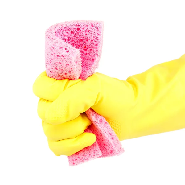 Svamp i hand med en Gummihandske. — Stockfoto