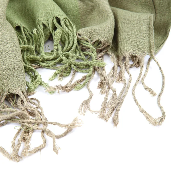 Lenço verde com borlas no fundo branco . — Fotografia de Stock