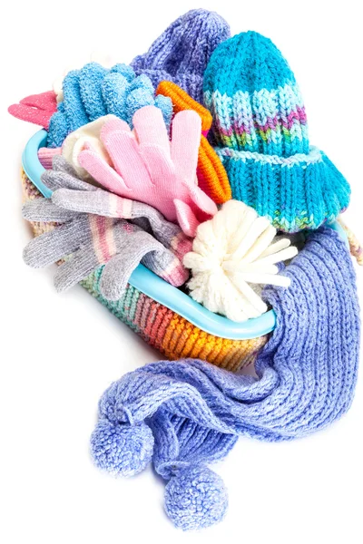 Collezione accessori invernali. Cappelli, sciarpe e muffole nella conta — Foto Stock