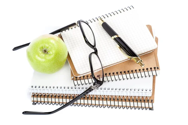Stack stylish notebook, pen and glasses Office or school supplie — Stock Photo, Image