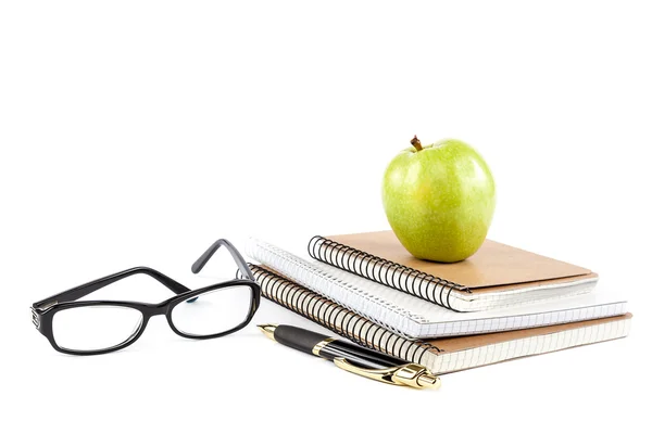 Stack stylish notebook, pen and glasses. Office or school suppli — Stock Photo, Image