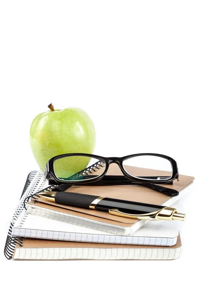 Stack stylish notebook, pen and glasses. — Stock Photo, Image