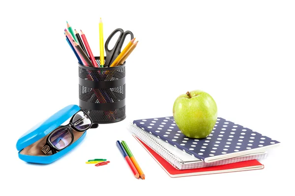 Stack stylish notebook, pen and glasses Office or school supplie — Stock Photo, Image