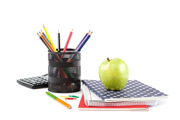 Stack stylish notebook, pen and calculator Office or school supp — Stock Photo, Image