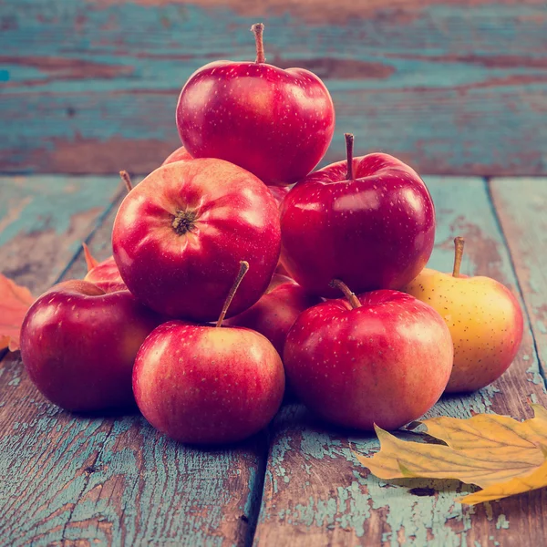 Frische Äpfel und Herbst-Ahornblatt. — Stockfoto