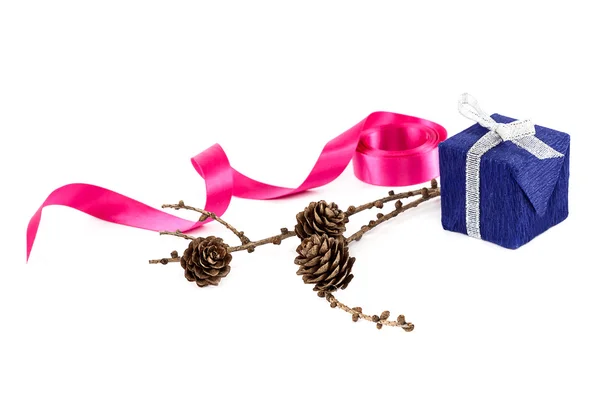 Weihnachtsgeschenk, rosa Schleife und ein Tannenzweig mit Zapfen — Stockfoto