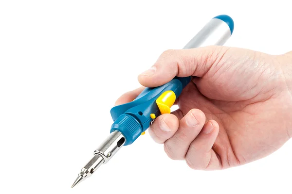 Gas soldering iron in hand on a white background. — Stock Photo, Image