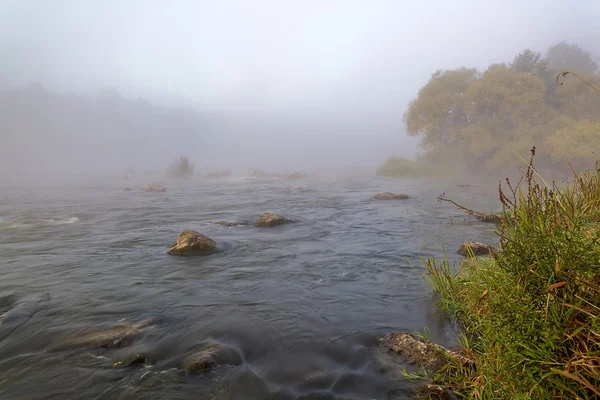 Gebirgsfluss mit Stromschnellen im Morgennebel — Stockfoto