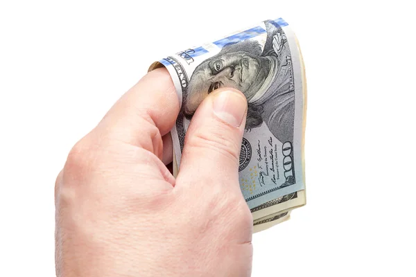 Notas de dólar na mão no fundo branco — Fotografia de Stock