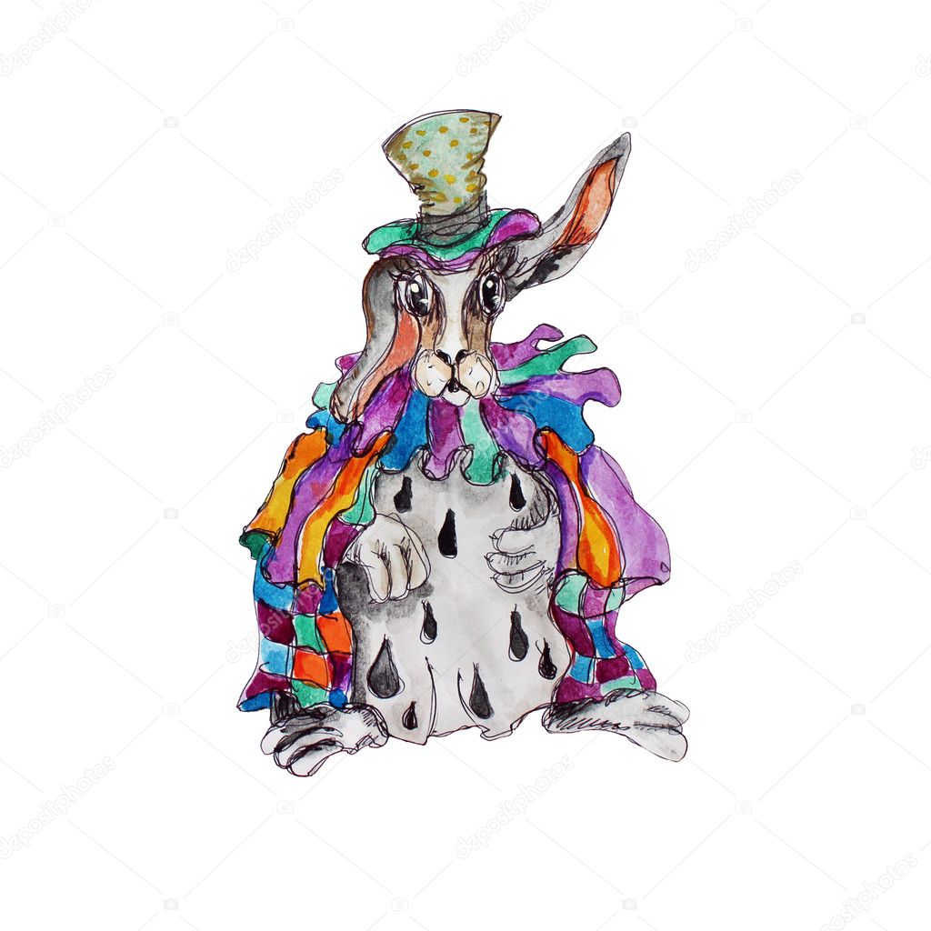 Watercolor hand drawn  isolated rabbit in hat and  cape