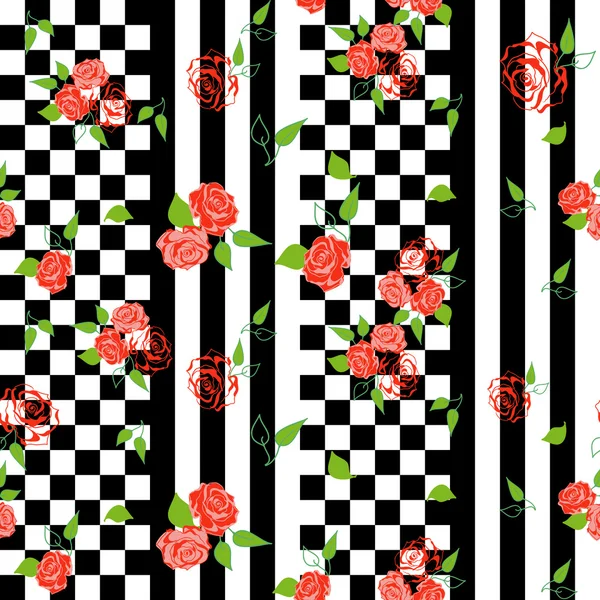 Xadrez padrão sem costura com ornamento de rosas florais — Fotografia de Stock