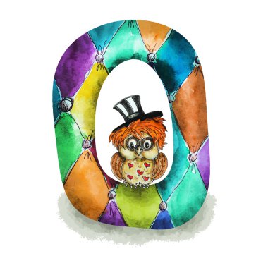 Yazı tipi O suluboya el izole baykuş karakter karikatür çekilmiş 