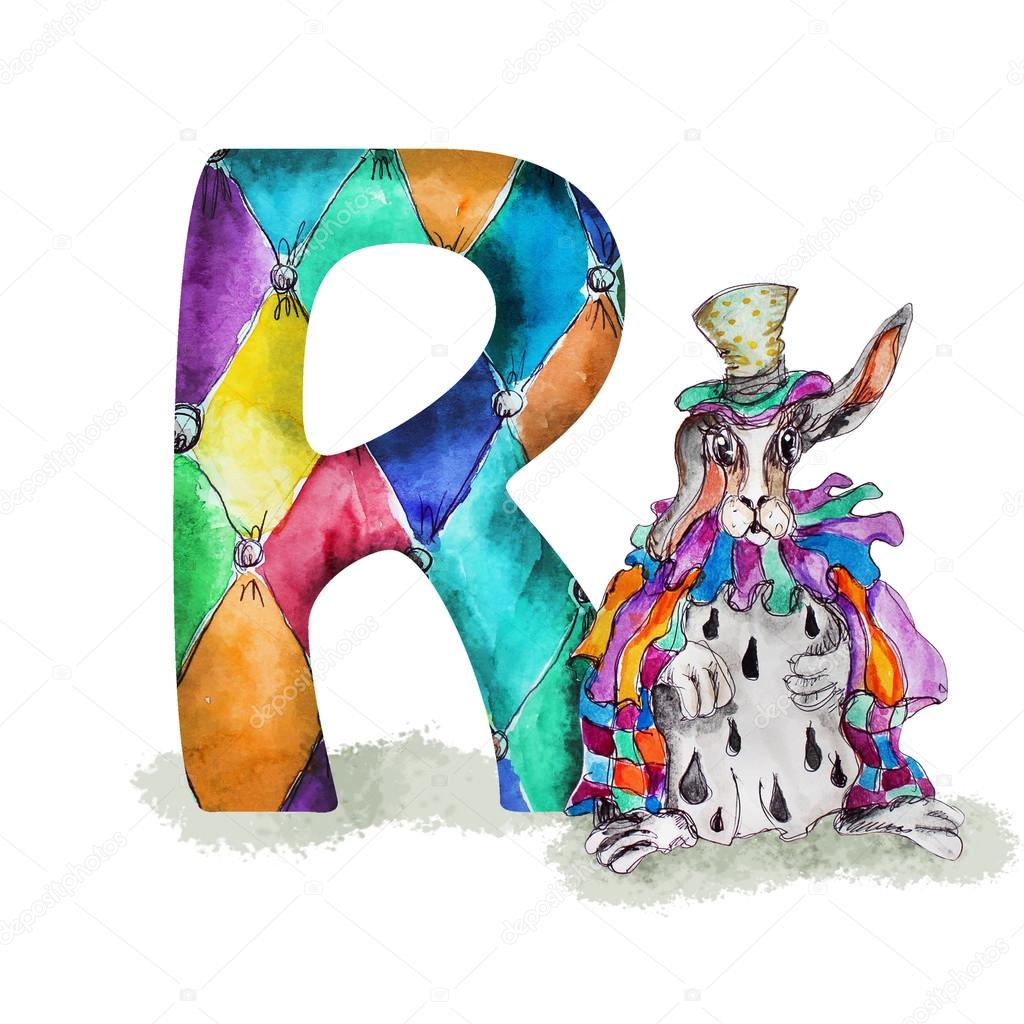 Font R Watercolor hand drawn  isolated rabbit in hat and  cape