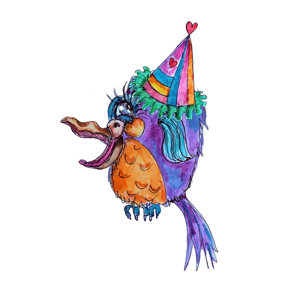 Uccello divertente in partito cappello acquerello isolato personaggio dei cartoni animati su bianco — Foto Stock