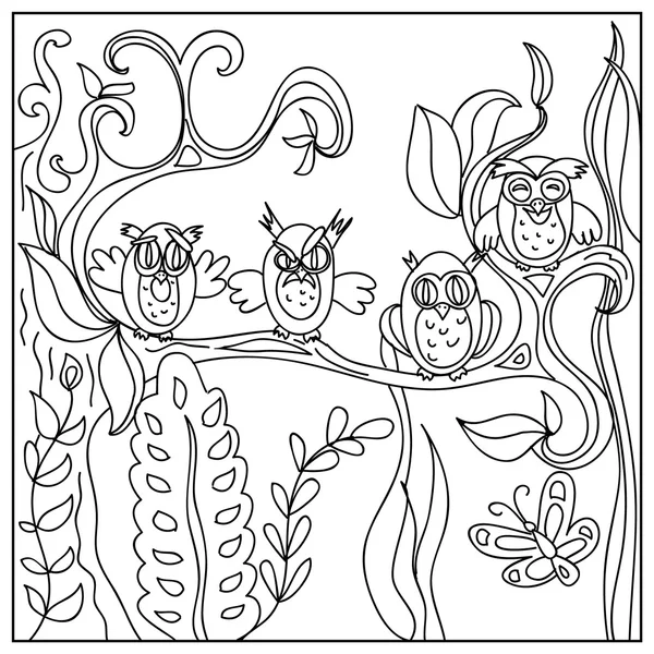 Funny Owls kids Coloring Page isolated on white — Stock Photo, Image