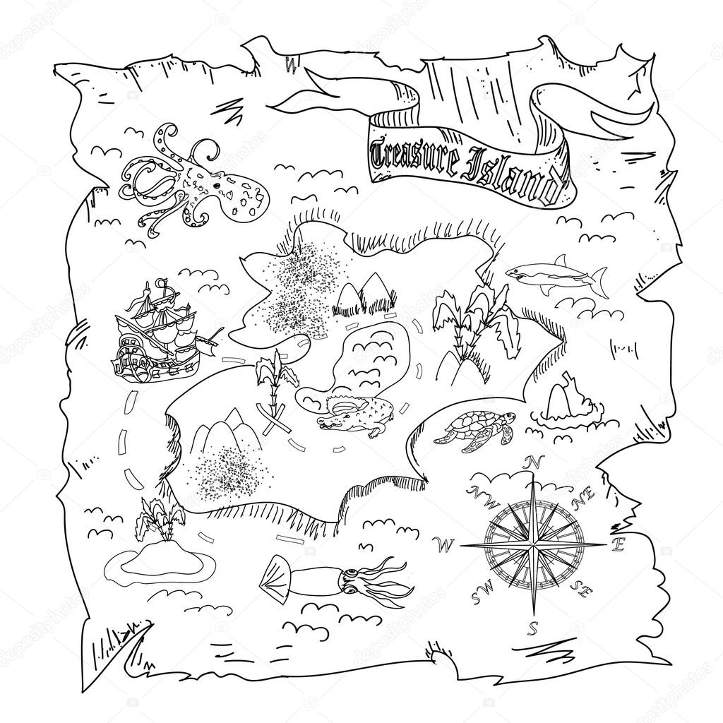 Treasure Island Kaart Kinderen Kleurplaten Pagina Stockfoto