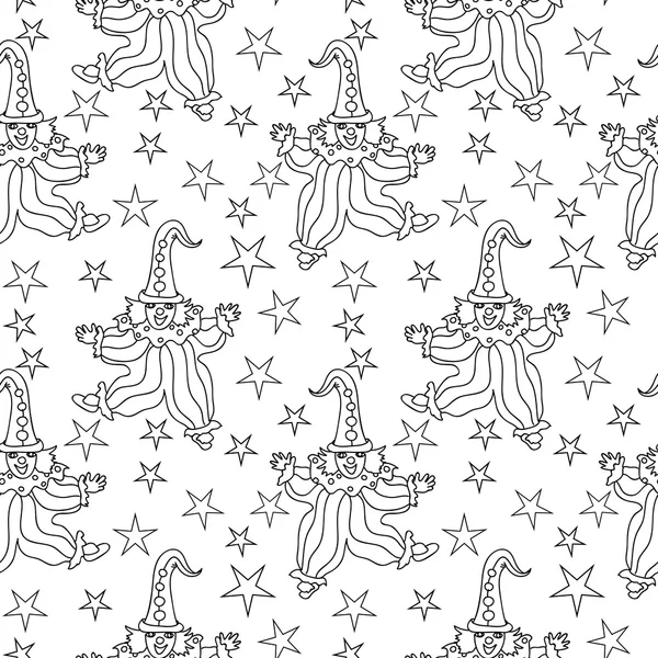 Bohóc és csillagok varrat nélküli fekete-fehér mintás — Stock Fotó