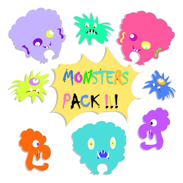 Coloridos monstruos divertidos pegatinas conjunto aislado — Vector de stock